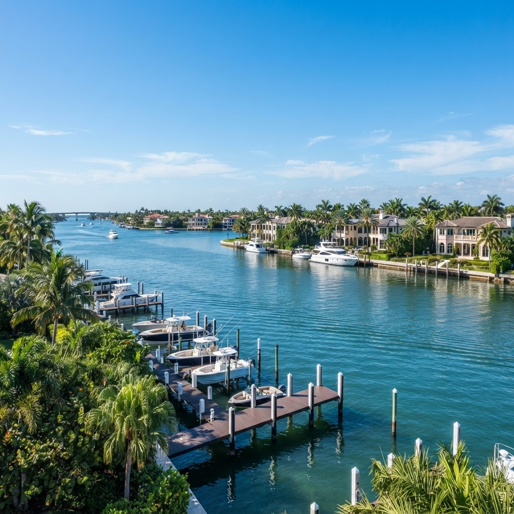 South Florida intracoastal waterway with docks, palm trees, and waterfront homes