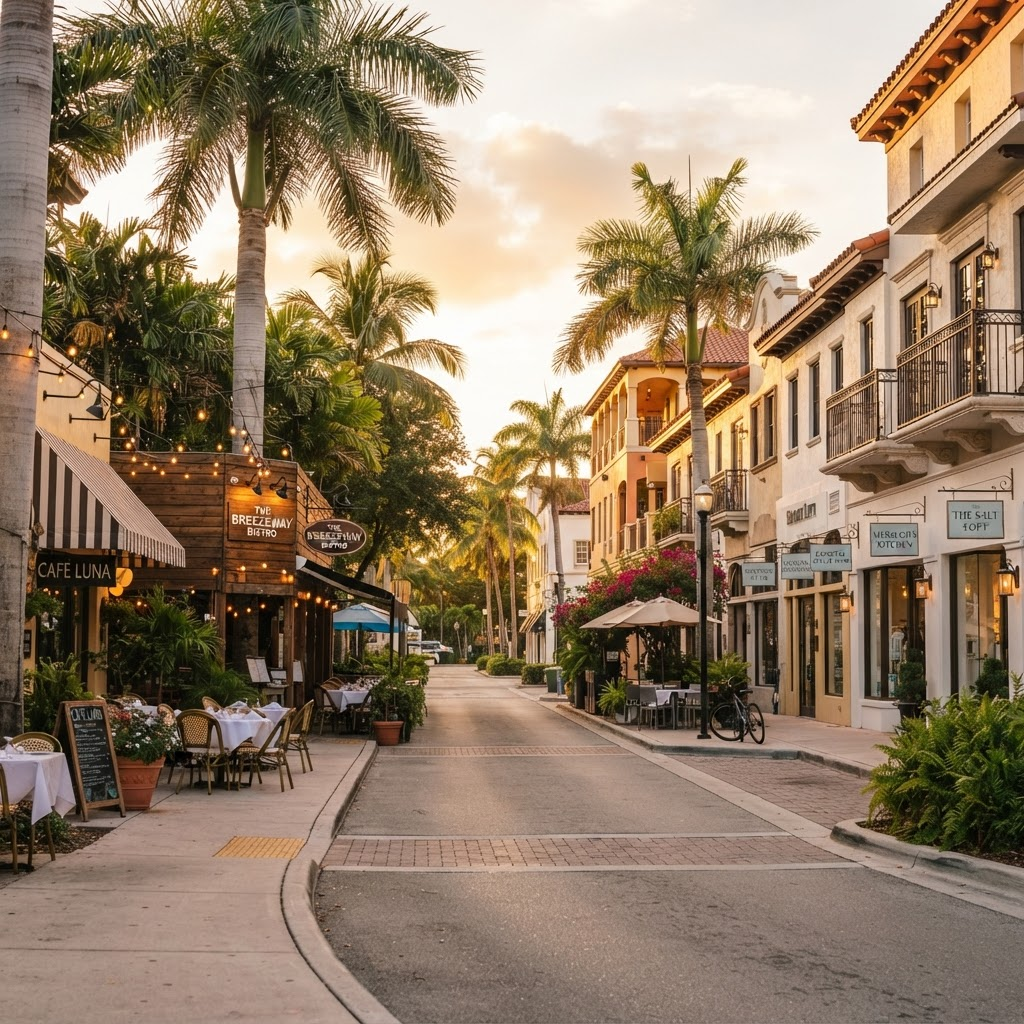 Walkable South Florida street lined with sidewalk cafés and boutique storefronts